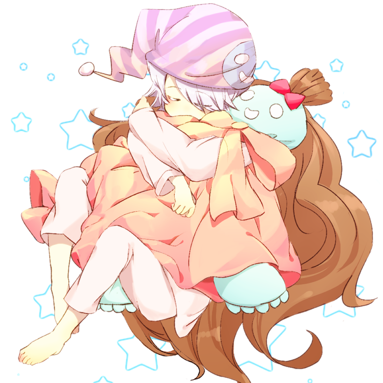 00s, 1boy, barefoot, brown_hair, emily_(pandora_hearts), closed_eyes, feet, hug