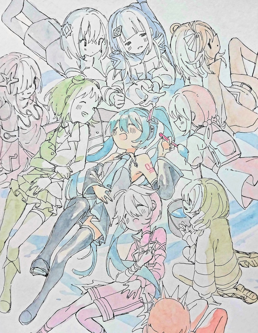 6+girls, ^_^, a.i._voice, absurdres, adachi_rei, arm_support, backpack, bag, between_fingers, black_footwear, black_skirt, blue_hair, blue_necktie, blunt_bangs, blush, bob_cut, boots, braid, cevio, closed_eyes, closed_mouth, collared_shirt, commentary, detached_sleeves, diamond_hair_ornament, dot_mouth, dress, edge_0605, expressionless, facing_another, flower_(vocaloid), flower_(vocaloid4), goggles, goggles_on_head, gumi, hair_bobbles, hair_ornament, hair_over_one_eye, hair_ribbon, hanakuma_chifuyu, hatsune_miku, headphones, high_collar, highres, holding, holding_paintbrush, issen_kounen_(vocaloid), jacket, kaai_yuki, kafu_(cevio), kamitsubaki_studio, lap_pillow, lineart, long_hair, looking_at_another, looking_back, low_twin_braids, low_twintails, lying, multiple_girls, necktie, number_tattoo, on_back, open_mouth, paint_can, paintbrush, painting_(medium), partially_colored, pinafore_dress, pleated_skirt, ribbon, rime_(cevio), sekai_(cevio), shirt, short_hair, shorts, sitting, skirt, sleeveless, sleeveless_dress, sleeveless_shirt, smile, solaria_(synthesizer_v), synthesizer_v, tattoo, thigh_boots, tiara, traditional_media, twin_braids, twintails, utau, very_long_hair, vocaloid, watercolor_(medium)