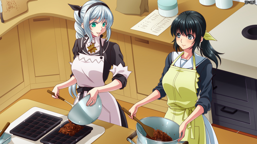 2girls, apron, bad_perspective, black_hair, black_hairband, bow, braid, chocolate