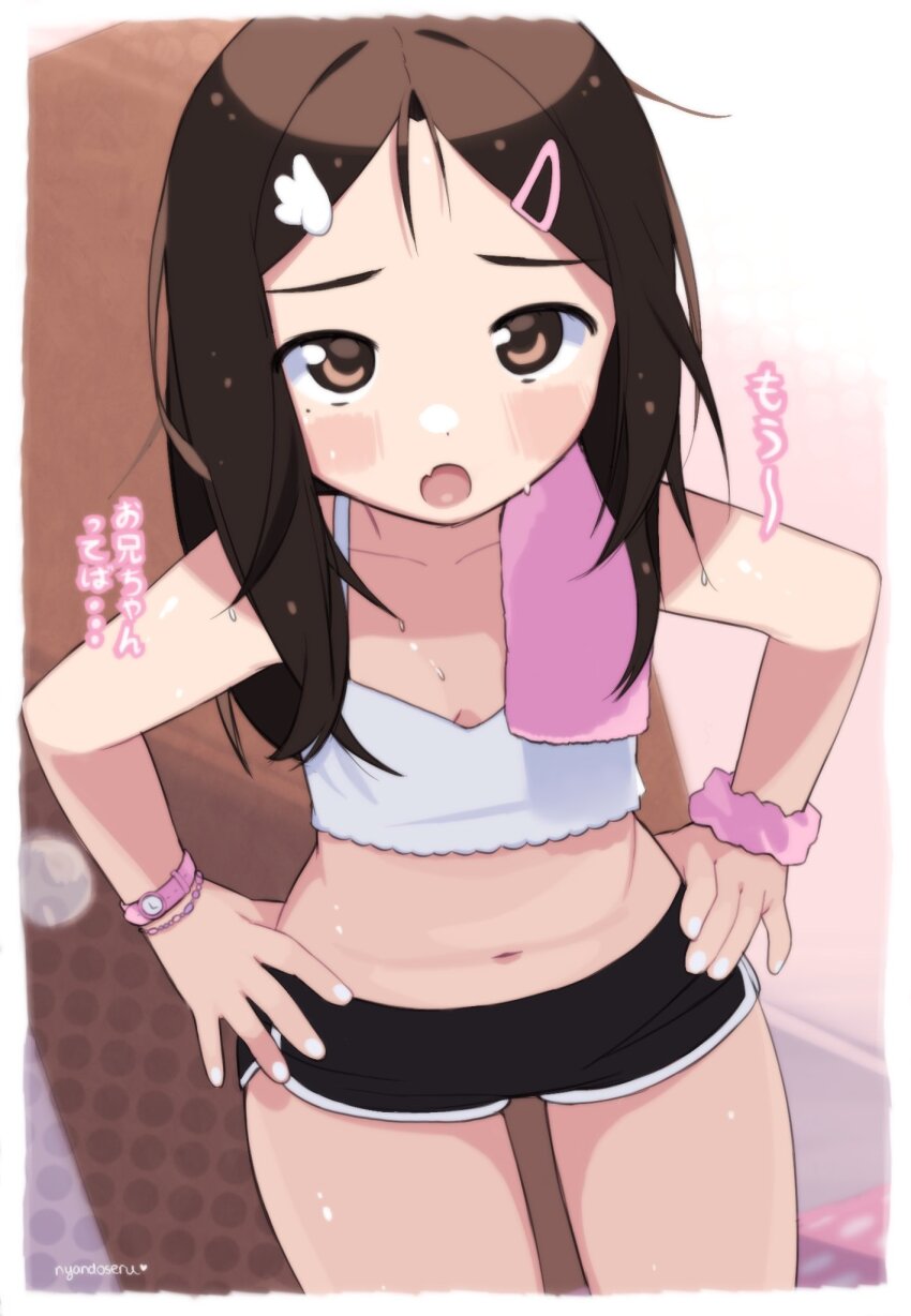1girl, artist_name, black_hair, black_shorts, blush, border, bracelet, breasts, crop_top, dolphin_shorts, fang, female_focus, hair_ornament, hairclip, halftone, hands_on_own_hips, highres, jewelry, lisa_(faeuna), long_hair, looking_at_viewer, midriff, navel, open_mouth, original, scrunchie, shorts, small_breasts, solo, towel, towel_on_one_shoulder, watch, wet, wet_hair, white_border, wing_hair_ornament, wrist_scrunchie, wristwatch