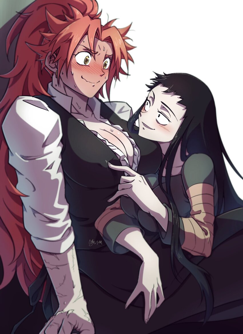 2girls, black_hair, blush, breasts, cleavage, highres, koumori_kuroko, large_breasts