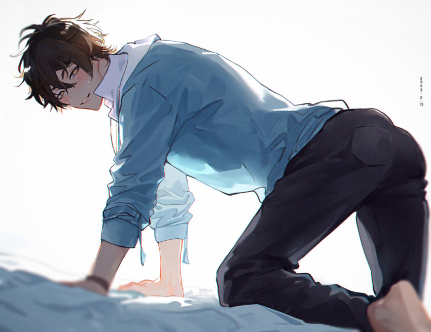 1boy, all_fours, arched_back, ass, barefoot, bed_sheet, black_pants, blue_jacket