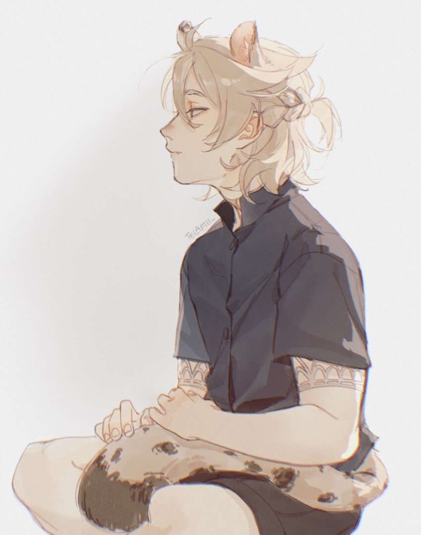 1boy, albedo_(genshin_impact), animal_ears, black_shorts, blonde_hair, blue_eyes, blue_shirt, braid