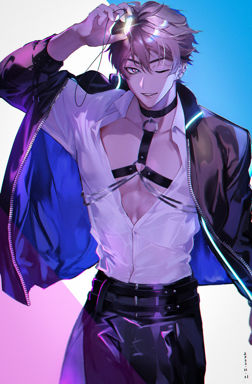 1boy, abs, belt, black_belt, black_choker, black_jacket, black_pants, chest_harness, choker, collared_shirt, cowboy_shot, crystal, dated, ear_piercing, eiden_(live2023)_(nu_carnival), eiden_(nu_carnival), floating_clothes, hair_between_eyes, hand_up, harness, highres, jacket, jewelry, light_brown_hair, looking_to_the_side, male_focus, multiple_piercings, necklace, nu_carnival, official_alternate_costume, one_eye_closed, open_clothes, owner_bird, pants, piercing, revealing_clothes, shirt, simple_background, smile, solo, white_shirt, zipper