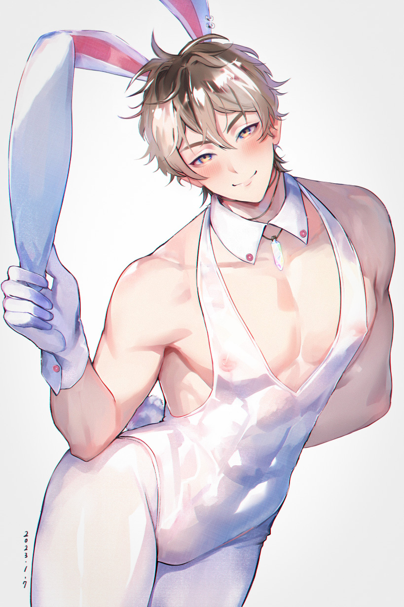 1boy, abs, animal_ears, arm_behind_back, blush, bodysuit, covered_erect_nipples, crossdressing, crossdressing_(mtf), crystal, dated, detached_collar, eiden_(nu_carnival), gloves, hair_between_eyes, hand_up, head_tilt, highres, jewelry, leotard, light_brown_hair, looking_at_viewer, male_focus, muscular, muscular_male, necklace, nipples, nu_carnival, owner_bird, pantyhose, pectorals, plunging_neckline, rabbit_boy, rabbit_ears, rabbit_tail, revealing_clothes, see-through_clothes, simple_background, sleeveless, smile, solo, tail, white_background, white_bodysuit, white_gloves, white_leotard, white_pantyhose, yellow_eyes