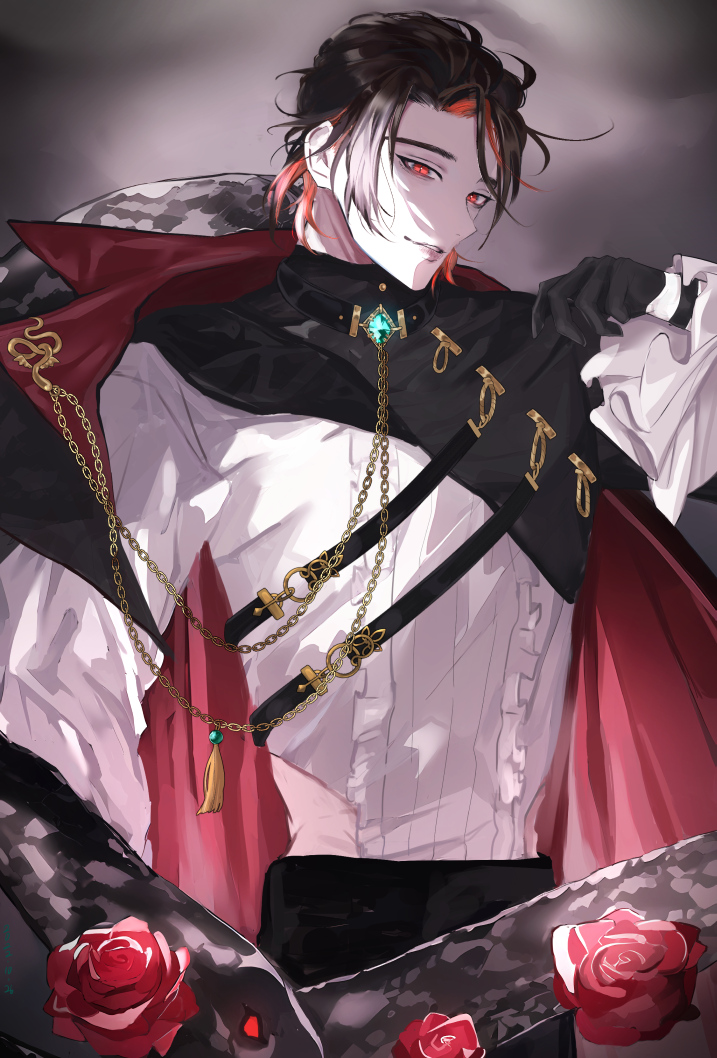 1boy, black_cape, black_gloves, black_hair, black_pants, cape, clothing_cutout, colored_skin