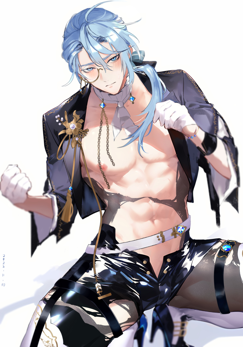 1boy, abs, ascot, belt, black_pantyhose, blue_eyes, blue_hair, blush