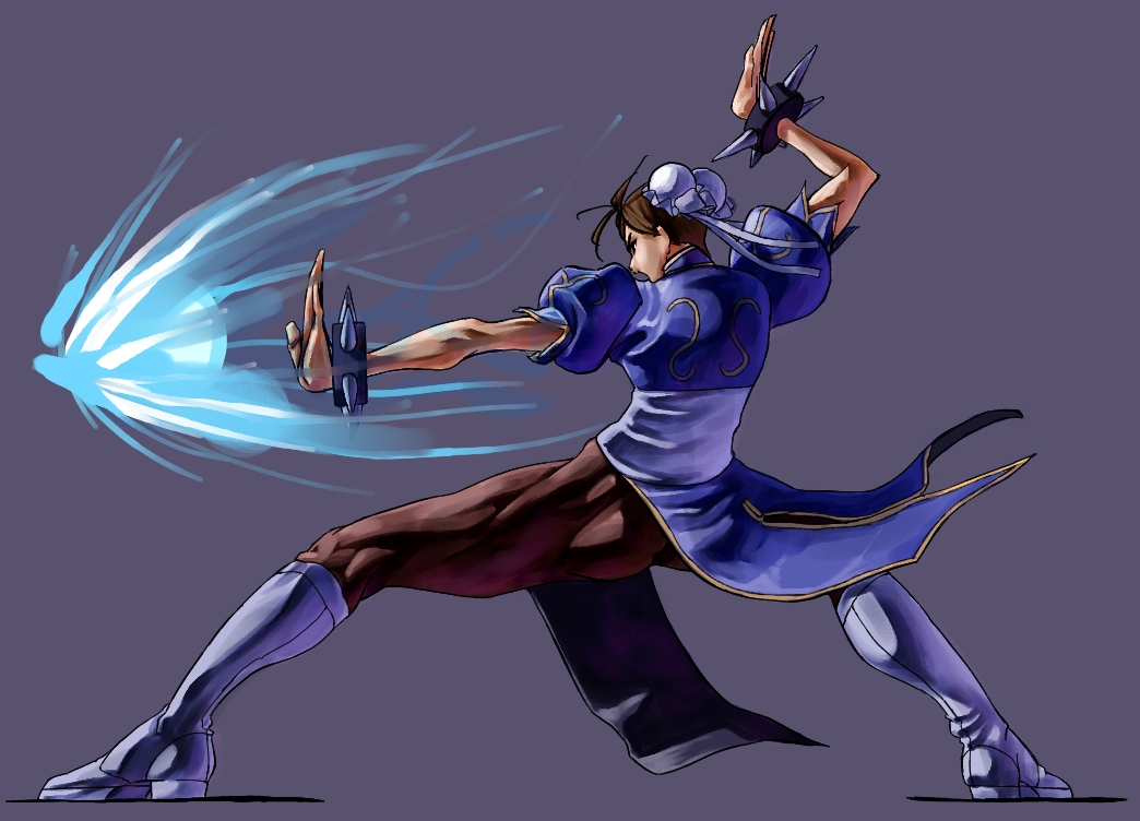 1girl, aura, bad_id, bad_pixiv_id, boots, bracelet, brown_hair, bun_cover, capcom, china_dress, chinese_clothes, chun-li, double_bun, dress, energy_ball, female_focus, fighting_stance, hair_bun, jewelry, kaiyodo, kikouken, long_legs, muscular, pantyhose, pelvic_curtain, solo, spiked_bracelet, spikes, street_fighter, thick_thighs, thighs