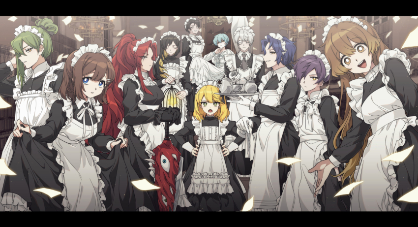 5boys, 6+girls, ahoge, alternate_costume, angela_(project_moon), apron, bbunny, binah_(project_moon)