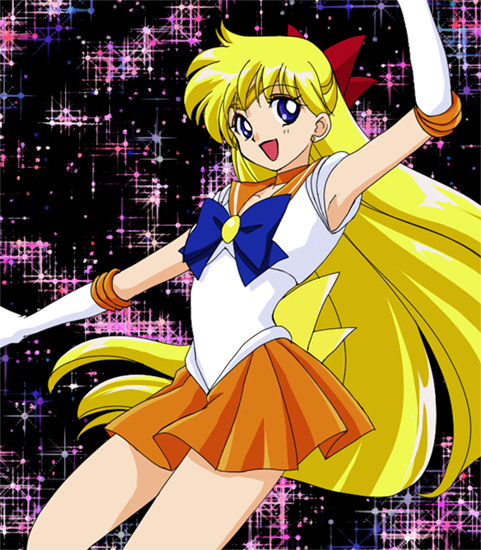 1990s_(style), 1girl, aino_minako, bishoujo_senshi_sailor_moon, blonde_hair, blue_eyes, bow, choker, elbow_gloves, female_focus, gloves, hair_bow, half_updo, hamutarou, long_hair, magical_girl, orange_skirt, red_bow, retro_artstyle, sailor_senshi, sailor_venus, skirt, solo