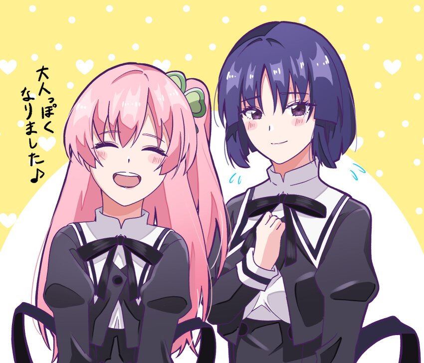 2girls, :d, ^_^, alternate_hair_length, alternate_hairstyle, arm_at_side, assault_lily, black_ribbon