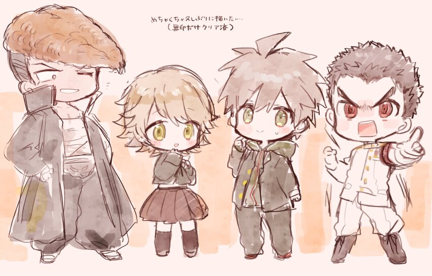 4boys, :d, ahoge, armband, black_hair, brown_eyes, brown_hair, chibi