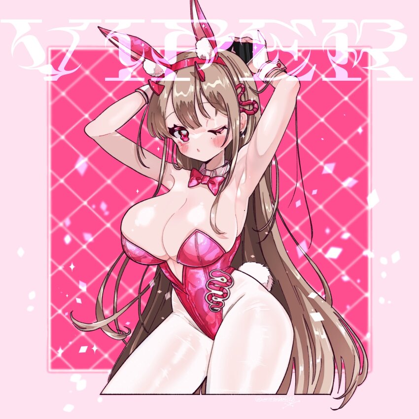 1girl, animal_ears, armpits, arms_up, bare_shoulders, blowing_kiss, blush_stickers, bow
