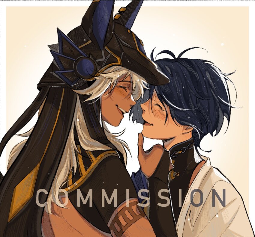 2boys, ancient_egyptian_clothes, animal_ears, animal_hat, arabian_clothes, bishounen, blue_hair, commentary_request