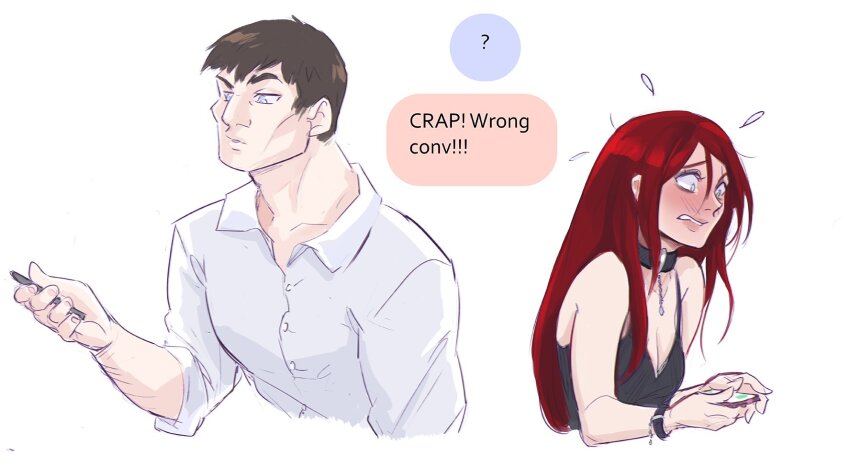 1boy, 1girl, alternate_costume, bare_shoulders, black_choker, blush, bracelet, breasts