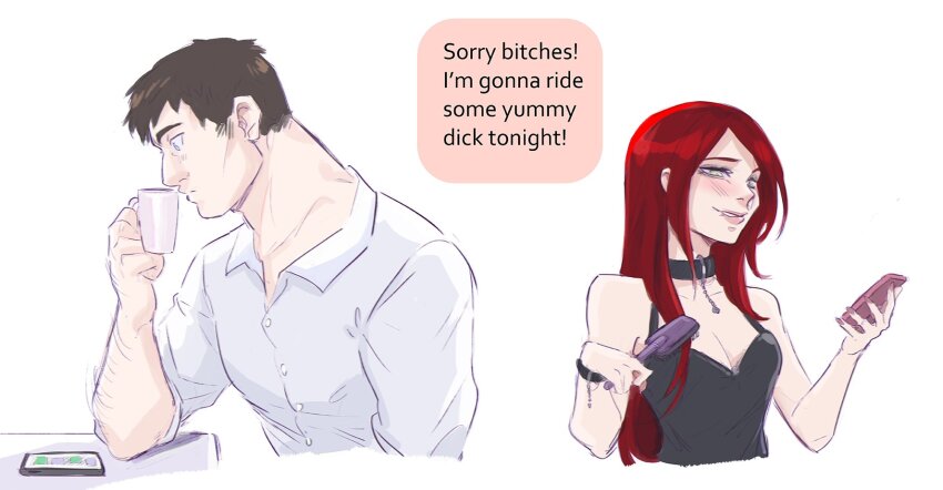 1boy, 1girl, alternate_costume, bare_shoulders, black_shirt, blush, breasts, brown_eyes