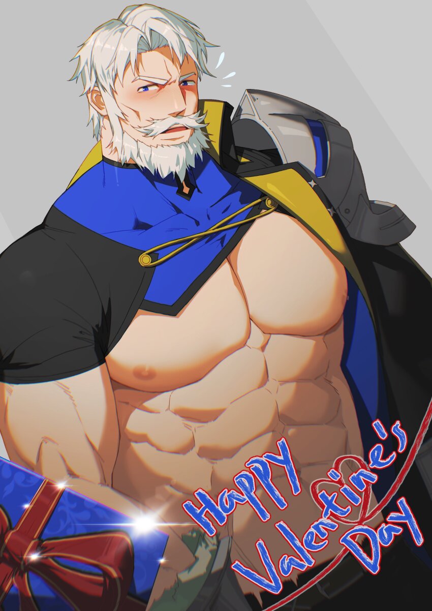 1boy, abs, absurdres, armor, bara, bare_pectorals, beard, blue_eyes