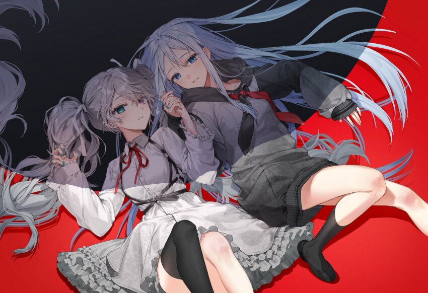 25-ji_miku, 2girls, black_background, black_footwear, black_socks, blue_eyes, blue_hair, breasts, chest_harness, collarbone, collared_shirt, commentary_request, dress, green_eyes, green_nails, grey_hair, hair_between_eyes, hair_spread_out, harness, hatsune_miku, heterochromia, highres, holding_hands, hood, hood_down, hoodie, identity_(vocaloid), kneehighs, light_blue_hair, long_hair, long_sleeves, looking_at_viewer, lying, medium_breasts, moro_(from_m0r0), multiple_girls, neck_ribbon, neckerchief, open_mouth, project_sekai, purple_eyes, red_background, red_ribbon, ribbon, shade, shirt, single_bare_leg, small_breasts, socks, thighhighs, thighs, twintails, two-tone_background, two-tone_neckerchief, very_long_hair, vocaloid, white_dress, yoisaki_kanade