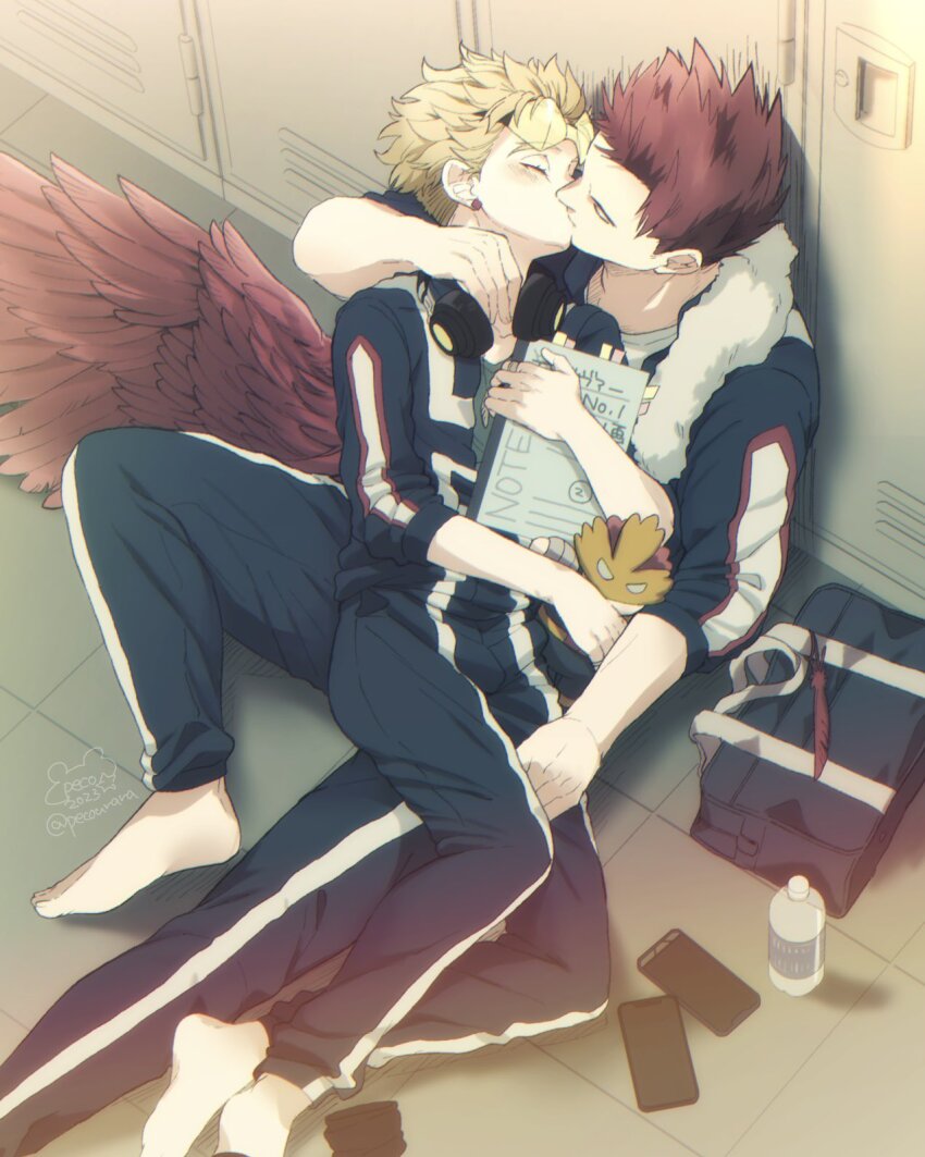 2boys, barefoot, blonde_hair, blush, boku_no_hero_academia, bottle, cellphone, chibi