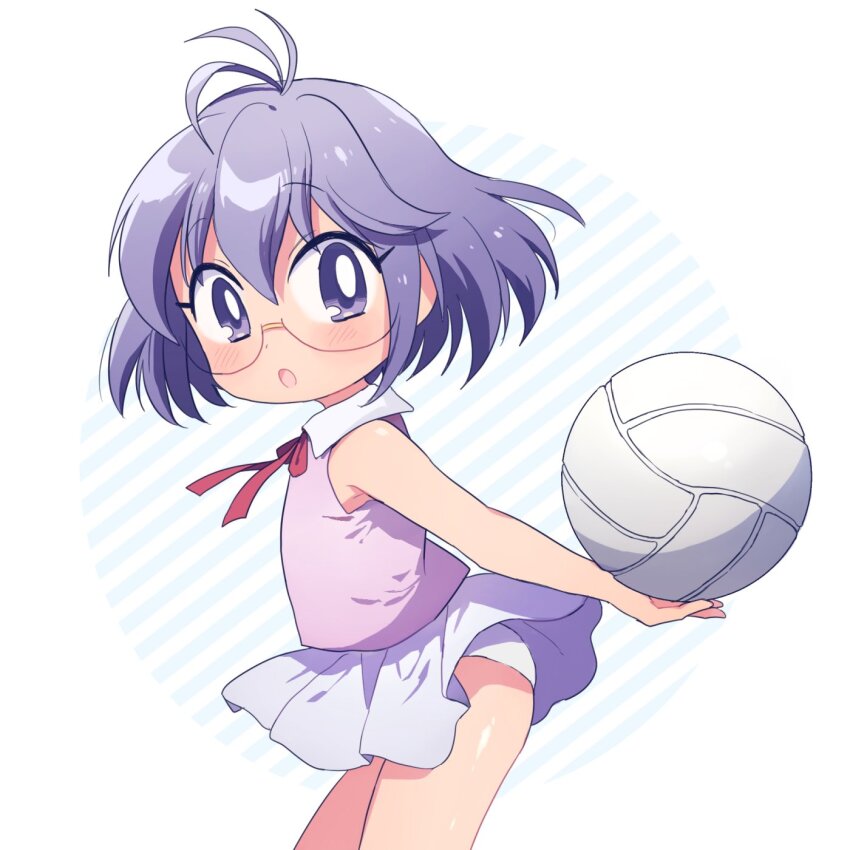 1girl, ahoge, ando_(kfrt3525), arm_behind_back, ass, ball, female_focus, from_side, glasses, highres, honoo_no_toukyuujo:_dodge_danko, kobotoke_chinko, loli, looking_at_viewer, miniskirt, open_mouth, panties, pink_shirt, purple_eyes, purple_hair, shirt, short_hair, skirt, sleeveless, sleeveless_shirt, solo, thighs, underwear, white_panties, white_skirt, wind, wind_lift