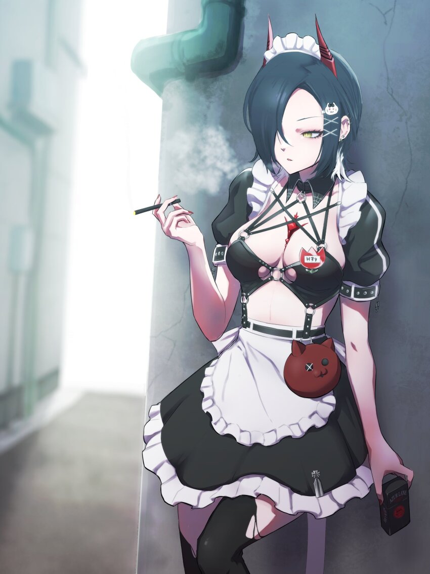 1girl, absurdres, alley, apron, azur_lane, black_hair, black_thighhighs, breasts, cat_hair_ornament, cigarette, cross, hair_ornament, hair_over_one_eye, hairclip, hand_up, highres, holding, holding_cigarette, horns, iron_cross, large_breasts, maid, maid_apron, maid_headdress, o-ring, o-ring_top, official_alternate_costume, outdoors, parted_lips, red_horns, red_nails, short_hair, short_sleeves, siratori_(yy_203), smoking, solo, thighhighs, ulrich_von_hutten_(azur_lane), ulrich_von_hutten_(mayhem_maid)_(azur_lane), waist_apron, x_hair_ornament, yellow_eyes