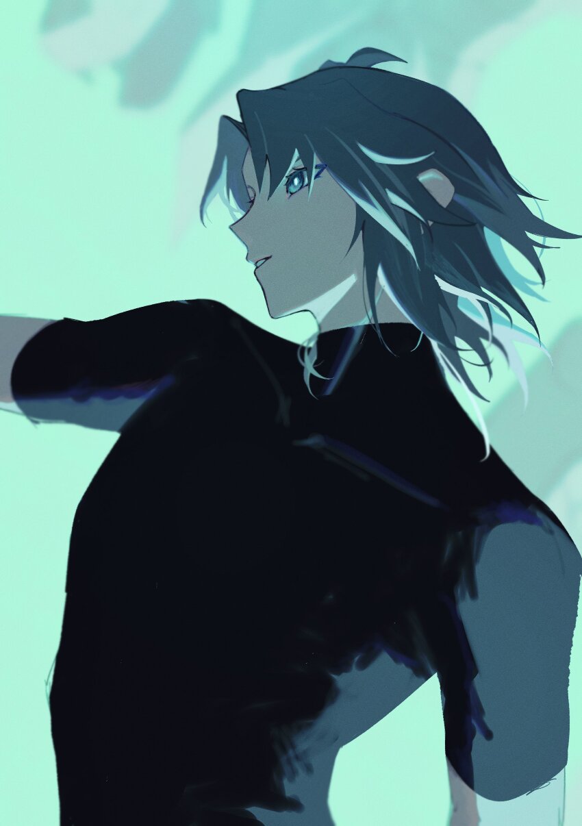 1boy, absurdres, black_shirt, blue_eyes, blue_hair, expressionless, facing_to_the_side, green_background