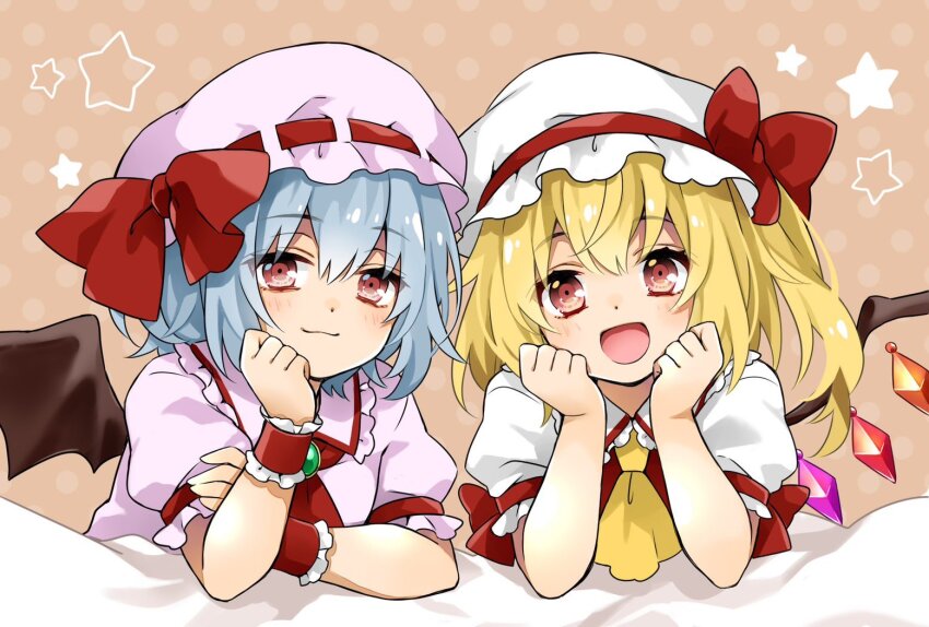 bat_wings, blonde_hair, blush, flandre_scarlet, grey_hair, hat, looking_at_viewer, mob_cap, red_eyes, red_ribbon, remilia_scarlet, ribbon, short_hair, siblings, side_ponytail, sisters, smile, star_(symbol), sugu016406, touhou, vampire, wings