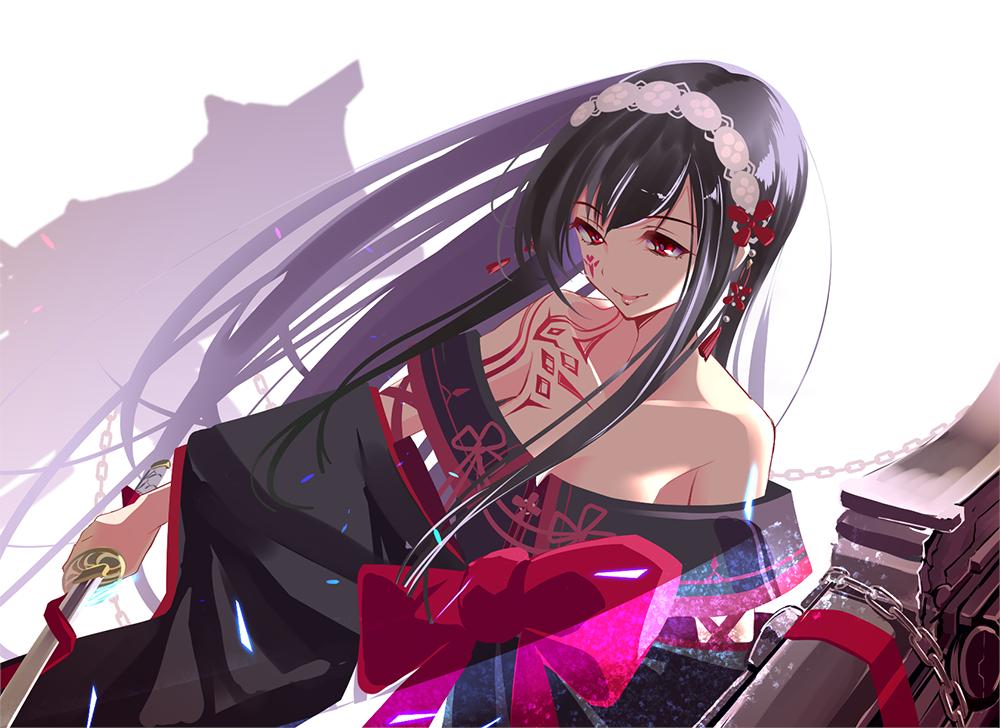 1girl, arm_tattoo, bare_shoulders, black_dress, black_hair, bow, chain, collarbone, commentary_request, dress, floating_hair, hair_ornament, hairband, holding, holding_sword, holding_weapon, kageuchi_suishinshi_masahide_(tenka_hyakken), katana, kurukuru_(p!), long_hair, machinery, off-shoulder_dress, off_shoulder, parted_lips, red_bow, red_eyes, sidelocks, silhouette, smile, solo, sword, tattoo, tenka_hyakken, weapon, white_background, wide_sleeves