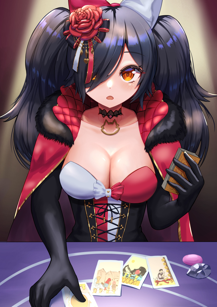 1girl, absurdres, animal_ears, asymmetrical_bangs, black_choker, black_dress, black_gloves, breasts