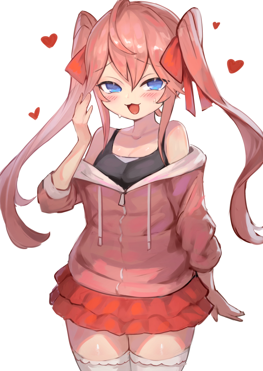 1girl, absurdres, bare_shoulders, blue_eyes, blush, breasts, hakusyokuto, heart, highres, long_sleeves, looking_at_viewer, medium_breasts, off_shoulder, open_mouth, pink_hair, red_skirt, skirt, small_breasts, solo, sushi_gaki, thighhighs, twintails, white_thighhighs