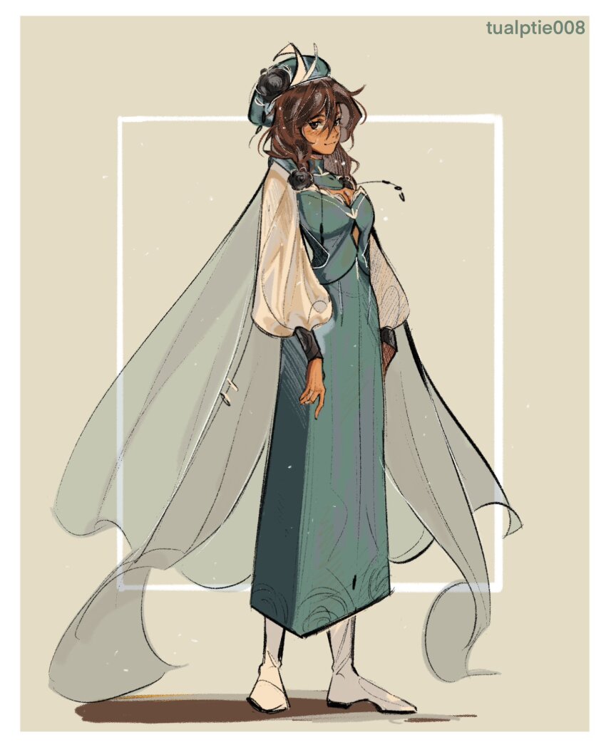 1girl, adapted_costume, alternate_eye_color, artist_name, boots, breasts, brown_eyes, brown_hair