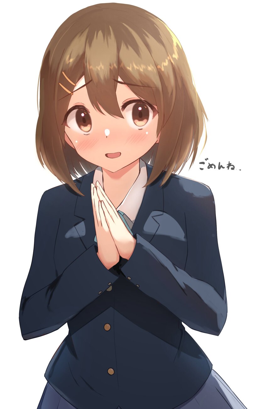 1girl, absurdres, blazer, blue_jacket, blue_ribbon, blush, brown_eyes, brown_hair
