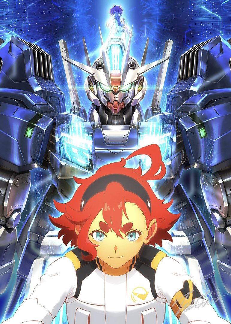 2girls, aqua_eyes, aura, black_hairband, blue_background, commentary, ericht_samaya, glowing, glowing_eyes, green_eyes, gundam, gundam_aerial_rebuild, gundam_suisei_no_majo, hairband, looking_at_viewer, mecha, mecha_pilot_suit, mobile_suit, multiple_girls, normal_suit_(gundam), pilot_suit, red_hair, robot, science_fiction, signature, suletta_mercury, thick_eyebrows, totthii0081, upper_body, v-fin