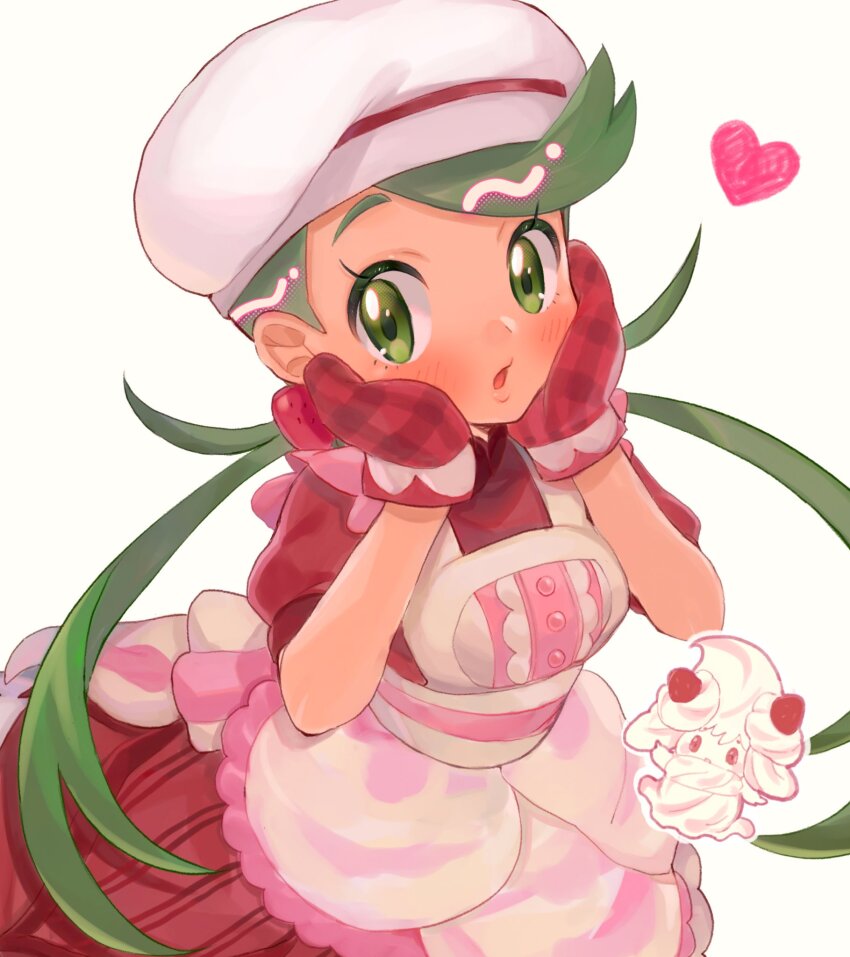 1girl, :o, abe_(kumayu), alcremie, alcremie_(strawberry_sweet), apron, blush, buttons