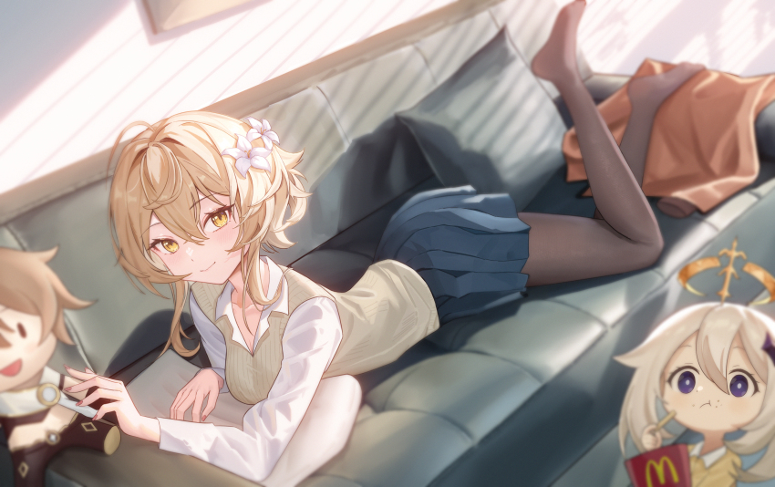 2girls, absurdres, aether_(genshin_impact), black_pantyhose, blonde_hair, blue_skirt, breasts, character_doll