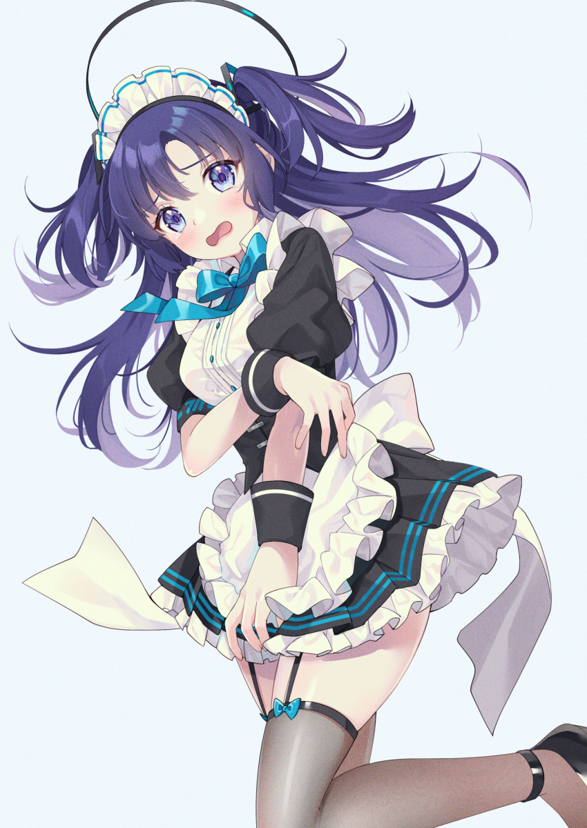 1girl, alternate_costume, apron, aqua_bow, aqua_bowtie, black_dress, black_wrist_cuffs, blue_archive