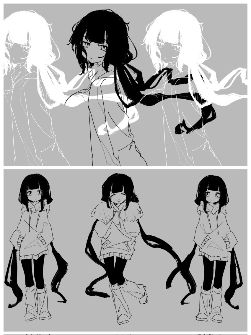 4girls, ^_^, afterimage, blunt_bangs, border, clone, closed_eyes, commentary_request, empty_eyes, expressionless, float_play_(vocaloid), full_body, half-closed_eyes, hands_in_pockets, hands_up, highres, himitsu_onigiri, holding, holding_pom_poms, hood, hood_down, hoodie, inverted_colors, leg_warmers, leggings, light_blush, long_hair, long_sleeves, looking_at_viewer, low_twintails, messy_hair, multiple_girls, osage_(nukunuku_nigirimeshi), pom_pom_(cheerleading), pom_poms, shoes, simple_background, smile, standing, standing_on_one_leg, tareme, twintails, very_long_hair, vocaloid