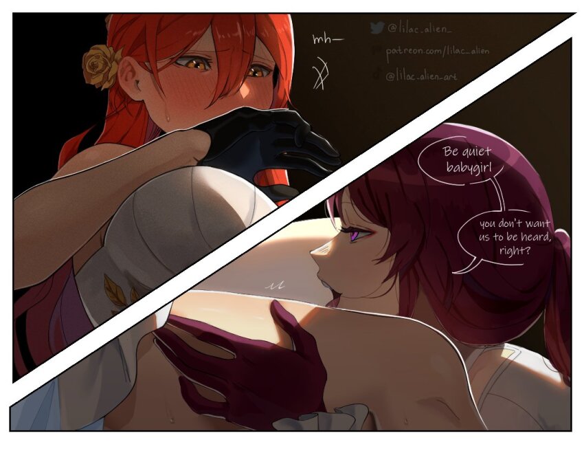 2girls, between_legs, black_gloves, blush, ear_blush, english_text, gloves, hair_in_own_mouth, hand_on_another's_thigh, himeko_(honkai:_star_rail), honkai:_star_rail, honkai_(series), imminent_cunnilingus, kafka_(honkai:_star_rail), lilac_alien, long_hair, looking_at_another, looking_down, multiple_girls, open_mouth, orange_eyes, patreon_username, purple_eyes, purple_gloves, purple_hair, red_hair, saliva, sweatdrop, teeth, tiktok_logo, tiktok_username, tongue, tongue_out, twitter_logo, twitter_username, upper_teeth_only, yuri