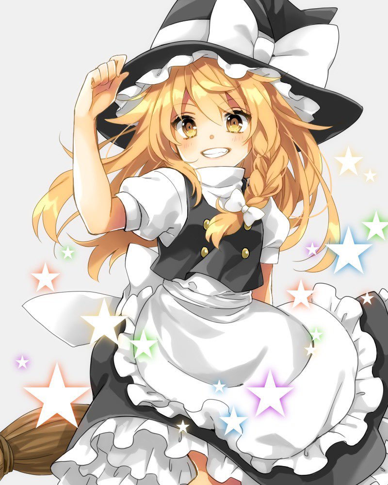 1girl, apron, black_dress, blonde_hair, blush, braid, broom, broom_riding