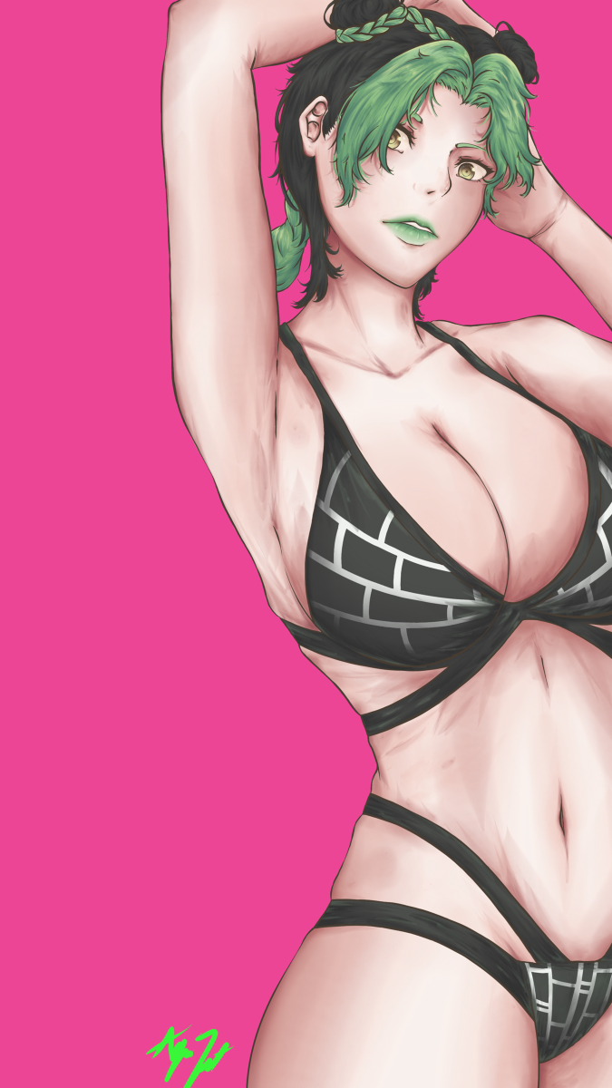 1girl, aquaaqua, bikini, highres, jojo_no_kimyou_na_bouken, kuujou_jolyne, mulitcoloured_hair, multicolored_hair