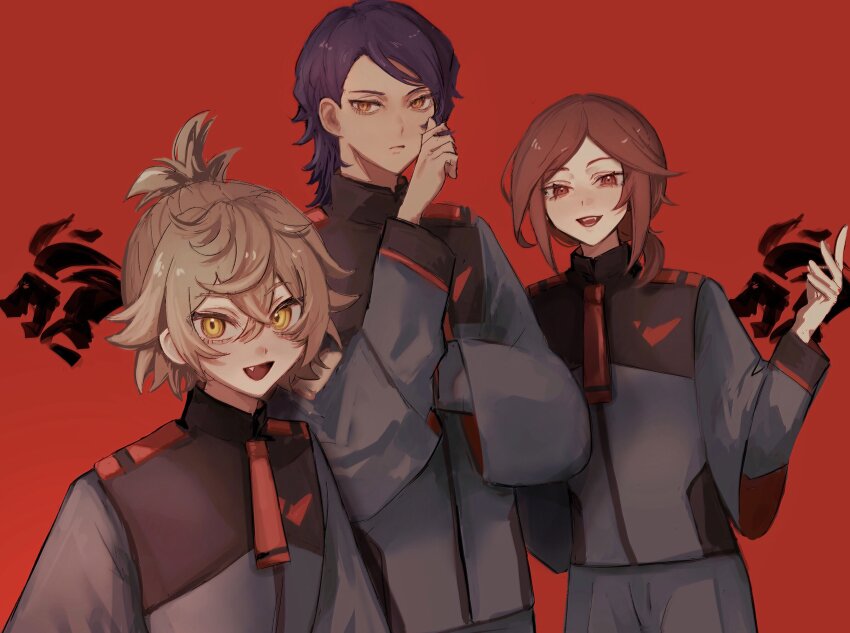 1boy, 2girls, 2u444, absurdres, asticassia_school_uniform, brown_hair, felsi_rollo, frown