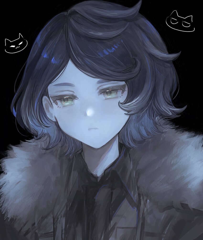 1girl, 2u444, absurdres, black_background, black_hair, black_jacket, black_shirt, collared_shirt