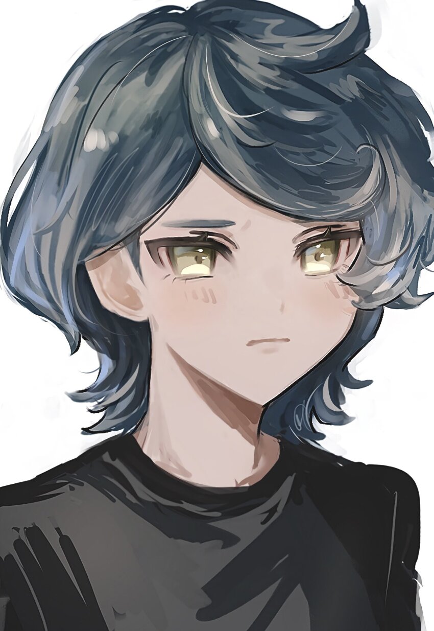 1girl, 2u444, black_shirt, blue_hair, closed_mouth, frown, gundam, gundam_suisei_no_majo