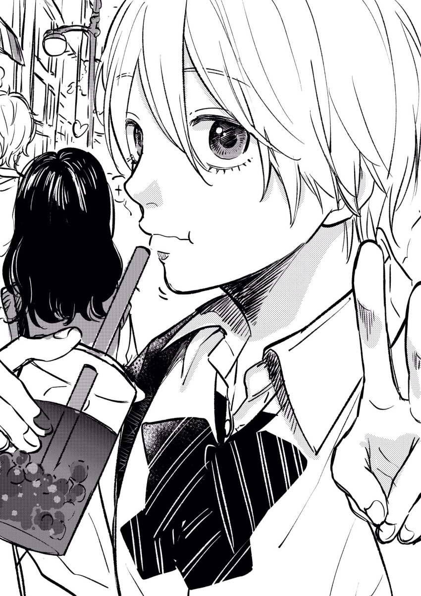 1boy, 2girls, awning, bow, bowtie, bubble_tea, building, closed_mouth