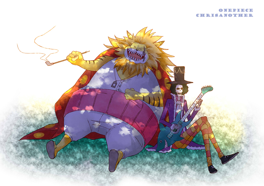 2boys, afro, animal_ears, artist_name, black_hair, brook_(one_piece), cat_ears, chrisanother