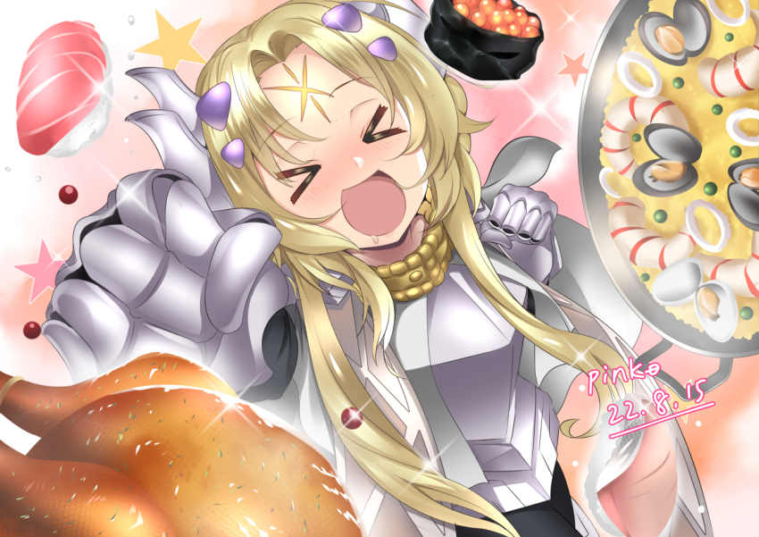 >_<, 1girl, :d, armor, artist_name, blonde_hair, blush, braid