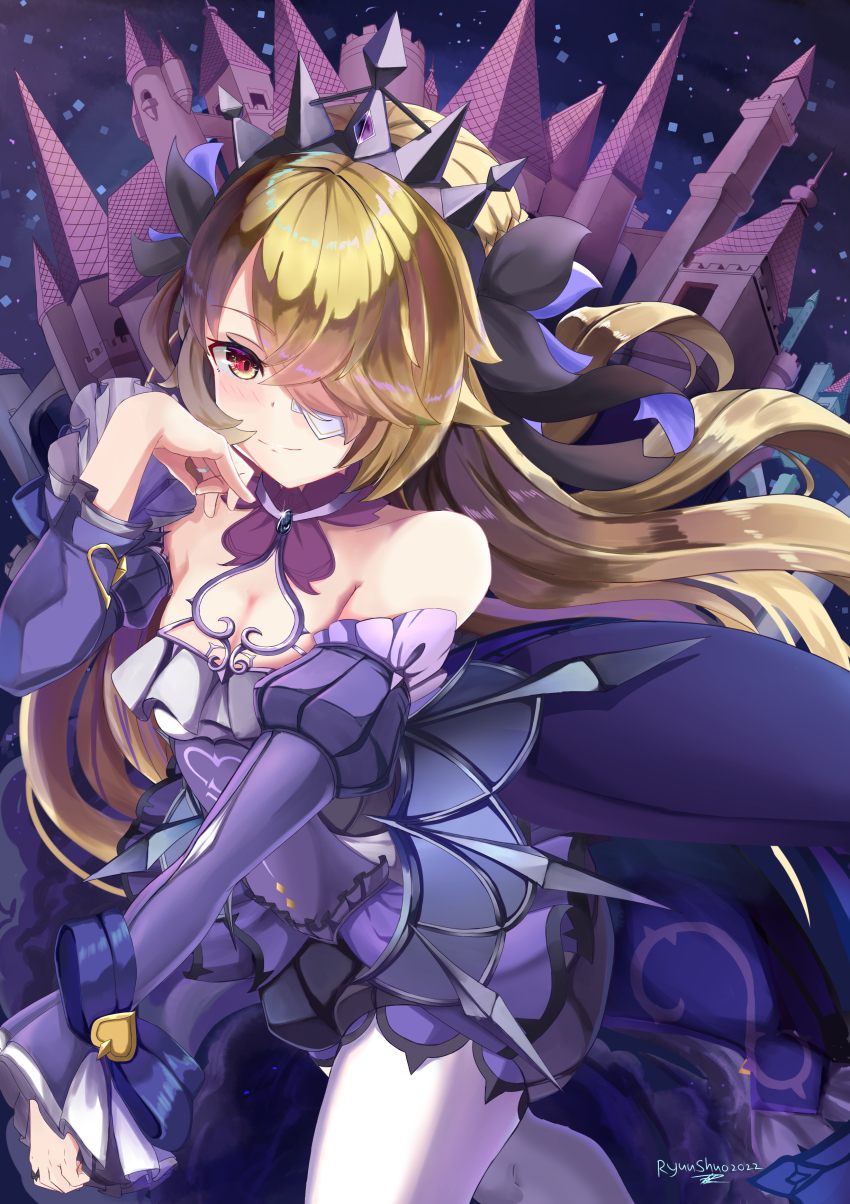 1girl, absurdres, alternate_eye_color, bare_shoulders, blonde_hair, blush, bow, breasts