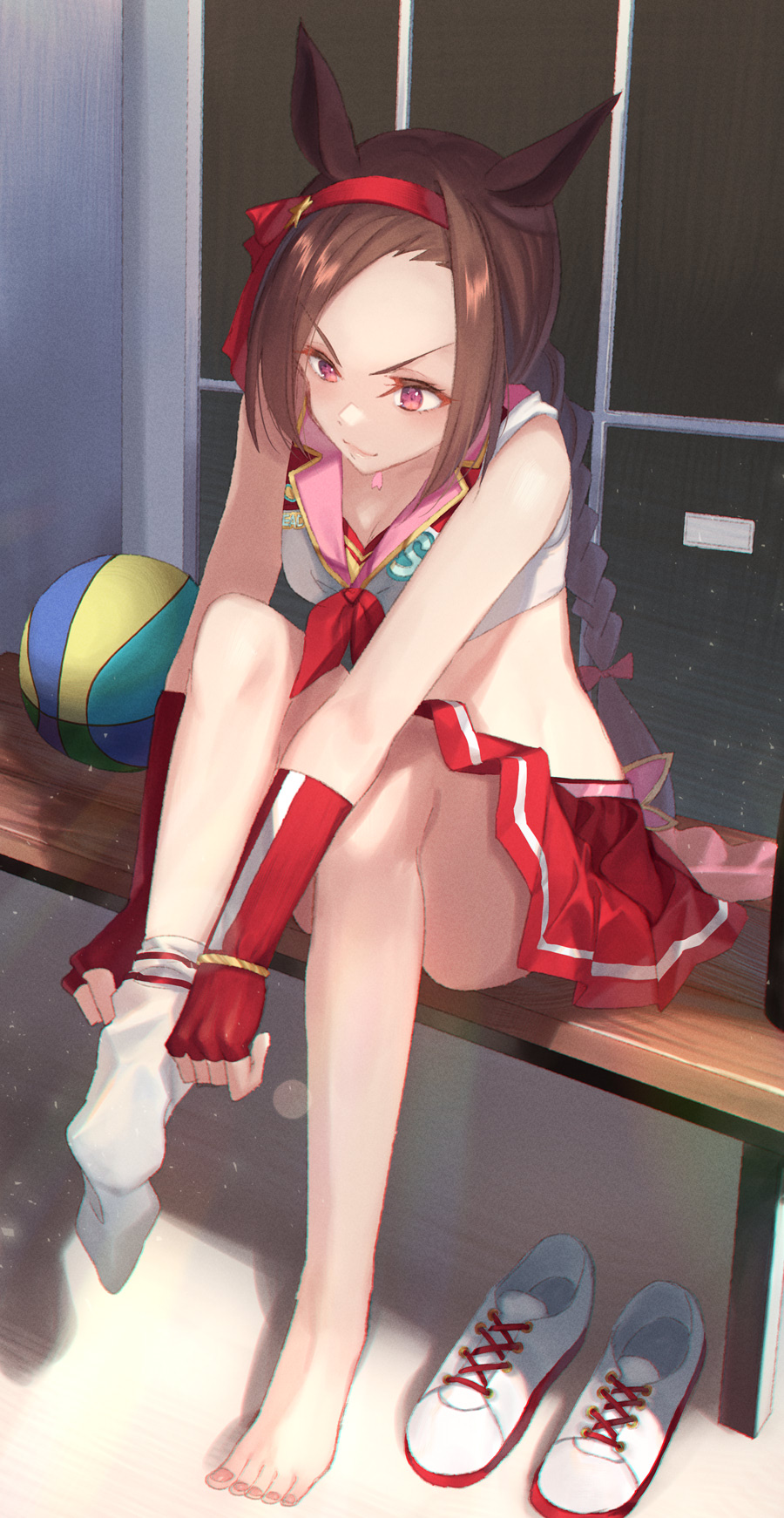 1girl, animal_ears, ball, barefoot, basketball_(object), braid, breasts, brown_hair, cleavage, crop_top, dressing, elbow_gloves, fingerless_gloves, full_body, gloves, hairband, highres, horse_ears, kabocha_(monkey4), knee_up, legs, long_hair, low_twin_braids, miniskirt, neckerchief, no_shoes, pink_eyes, red_gloves, red_neckerchief, red_skirt, sakura_bakushin_o_(red-hot_leader)_(umamusume), sakura_bakushin_o_(umamusume), shirt, shoes, unworn_shoes, sitting, skirt, sleeveless, sleeveless_shirt, small_breasts, smile, sneakers, socks, solo, toes, twin_braids, umamusume, v-shaped_eyebrows, white_socks