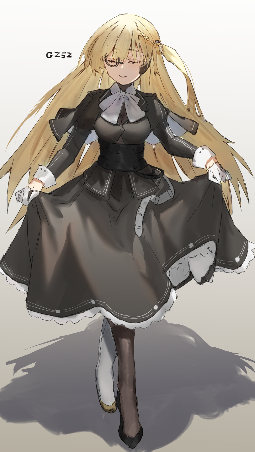 1girl, black_dress, blonde_hair, character_name, closed_eyes, curtsey, cz52_(girls'_frontline), dress