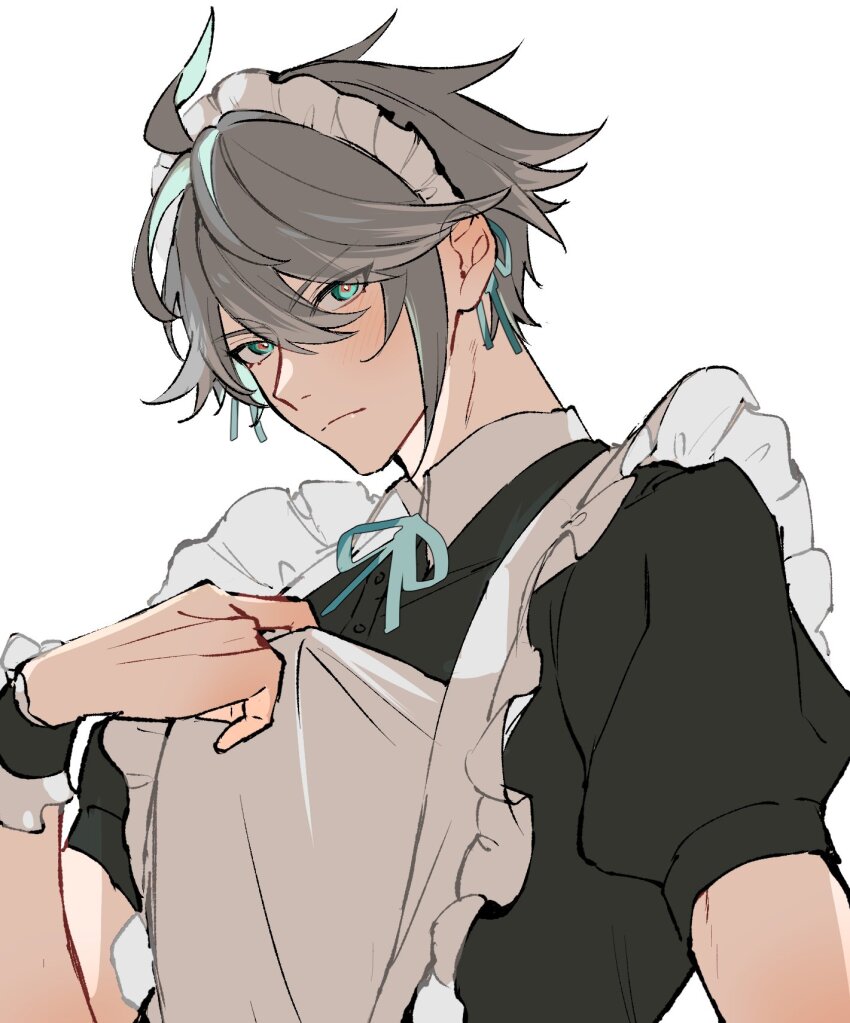 1boy, alhaitham_(genshin_impact), apron, aqua_eyes, aqua_hair, black_dress, blush, closed_mouth